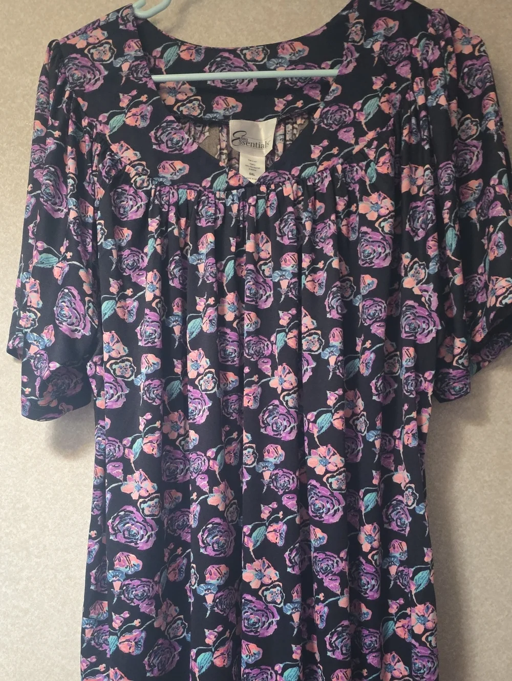 NWOT Essentials Black Floral Tunic with Pink and Purple Roses - Picture 1 of 3